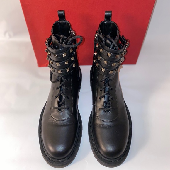VALENTINO NWT Rockstud Buckle Accents Leather Combat Boots Size 39 - Picture 3 of 15